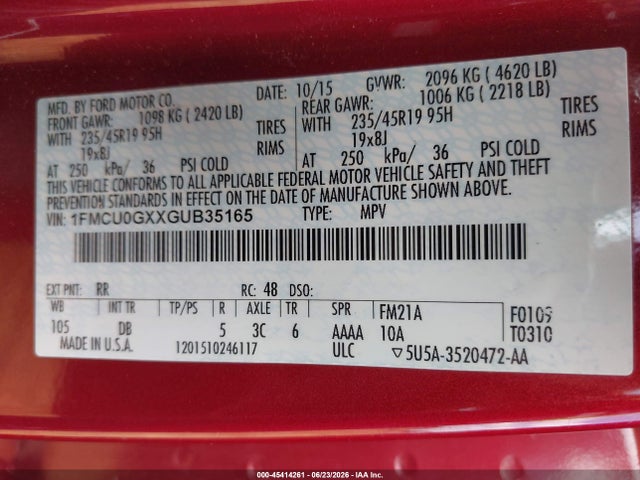 Продаж на аукціоні авто 2016 Ford Escape Se, vin: 1FMCU0GXXGUB35165, номер лоту: 45414261