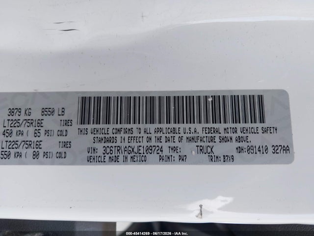 Продажа на аукционе авто 2018 Ram Promaster 1500 Low Roof 136 Wb, vin: 3C6TRVAGXJE109724, номер лота: 45414269