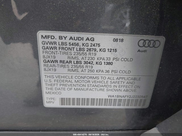 Aukcja sprzedaży 2018 Audi Q5 2.0t Premium/2.0t Tech Premium, vin: WA1BNAFY2J2232547, numer aukcji: 45414276