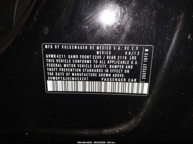 2012 Volkswagen Jetta 2.5l Se მანქანა იყიდება აუქციონზე, vin: 3VWDP7AJ9CM424207, აუქციონის ნომერი: 45414283