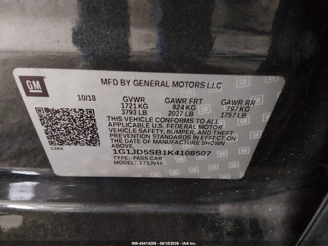 Auction sale of the 2019 Chevrolet Sonic Lt Auto, vin: 1G1JD5SB1K4108507, lot number: 45414288