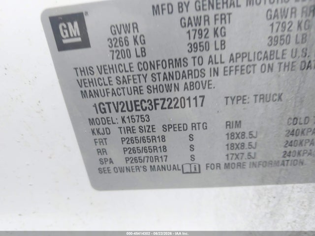 Aukcja sprzedaży 2015 Gmc Sierra 1500 Sle, vin: 1GTV2UEC3FZ220117, numer aukcji: 45414302