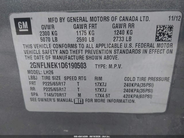 Aukcja sprzedaży 2013 Chevrolet Equinox Lt, vin: 2GNFLNEK1D6190503, numer aukcji: 45414309