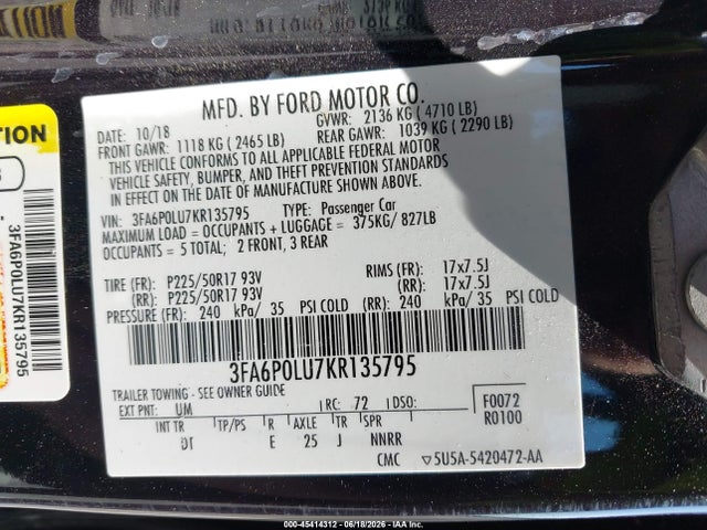 3FA6P0LU7KR135795 Ford Fusion Hybrid Se