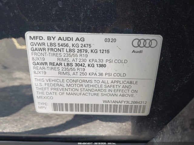 Продаж на аукціоні авто 2020 Audi Q5 Premium 45 Tfsi Quattro S Tronic, vin: WA1ANAFY3L2084312, номер лоту: 45414317