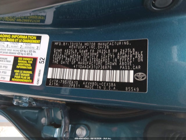 2026 Toyota Camry Se მანქანა იყიდება აუქციონზე, vin: 4T1DAACK3TU736876, აუქციონის ნომერი: 45414343