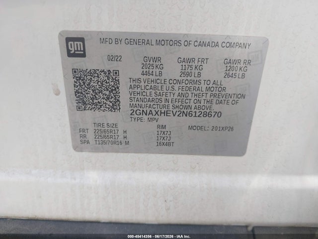 Aukcja sprzedaży 2022 Chevrolet Equinox Fwd Ls, vin: 2GNAXHEV2N6128670, numer aukcji: 45414356