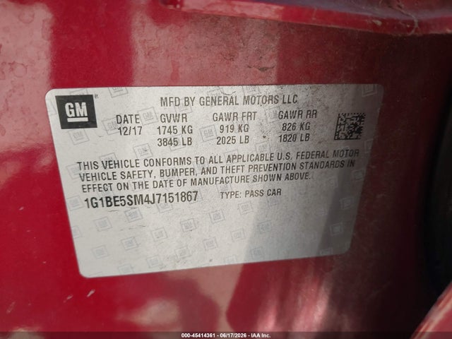 1G1BE5SM4J7151867 Chevrolet Cruze Lt Auto
