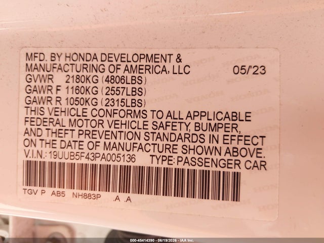45414390 :رقم المزاد ، 19UUB5F43PA005136 vin ، 2023 Acura Tlx Technology Package مزاد بيع