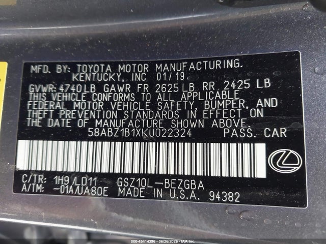 Lexus ES 350 2019 58ABZ1B1XKU022324 Image 9
