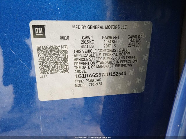 45414412 :رقم المزاد ، 1G1RA6S57JU152540 vin ، 2018 Chevrolet Volt Lt مزاد بيع