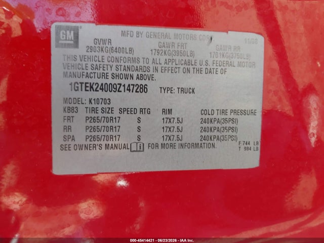 Aukcja sprzedaży 2009 Gmc Sierra 1500 Sle, vin: 1GTEK24009Z147286, numer aukcji: 45414421