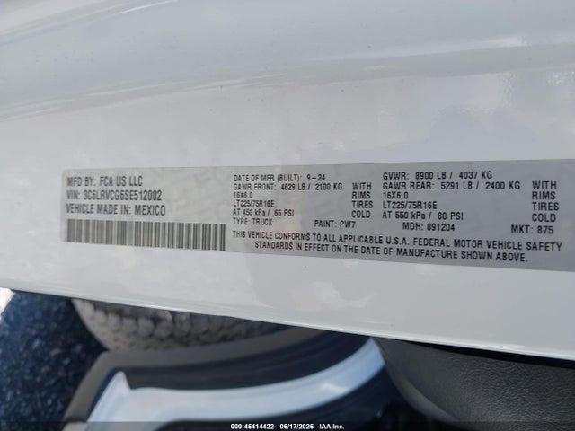 Продаж на аукціоні авто 2025 Ram Promaster 2500 Tradesman High Roof 136 Wb W/pass Seat, vin: 3C6LRVCG6SE512002, номер лоту: 45414422