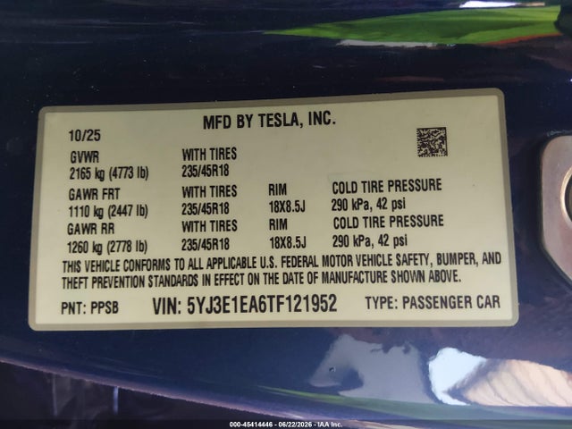 Продаж на аукціоні авто 2026 Tesla Model 3 Premium Rear-wheel Drive/rear-wheel Drive, vin: 5YJ3E1EA6TF121952, номер лоту: 45414446
