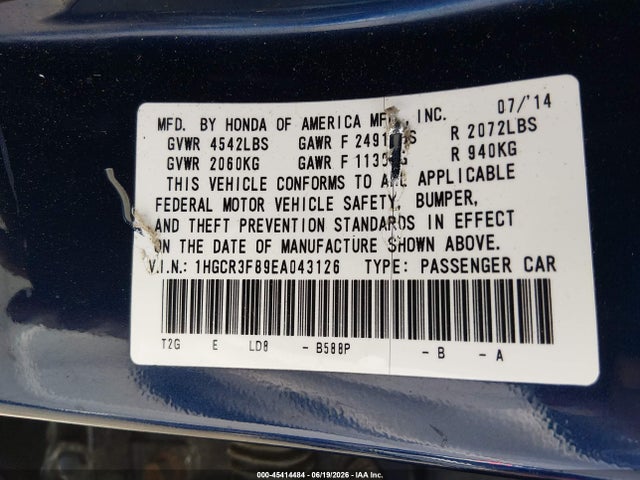 Honda Accord Ex-l V-6 2014 1HGCR3F89EA043126 Image 9