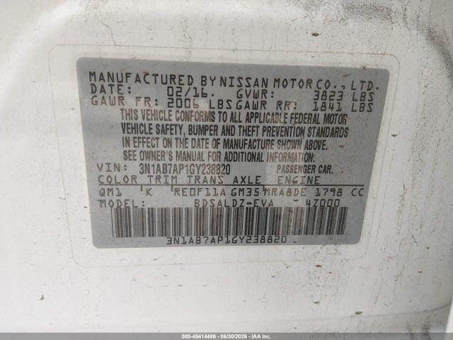 3N1AB7AP1GY238820 Nissan Sentra Fe+ S/s/sl/sr/sv