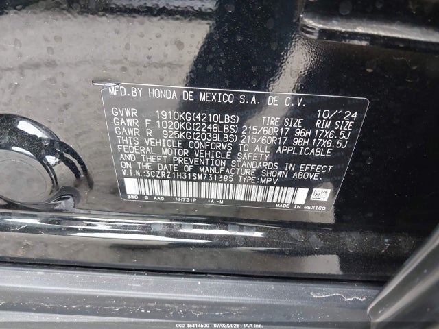 2025 Honda Hr-v 2wd Lx მანქანა იყიდება აუქციონზე, vin: 3CZRZ1H31SM731385, აუქციონის ნომერი: 45414500