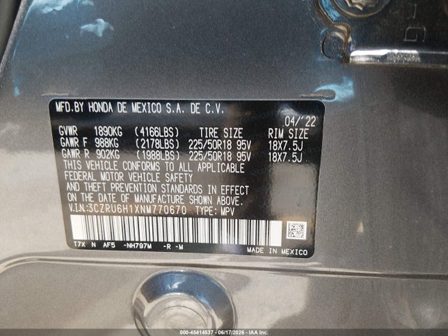 2022 Honda Hr-v Awd Sport მანქანა იყიდება აუქციონზე, vin: 3CZRU6H1XNM770670, აუქციონის ნომერი: 45414537