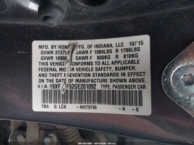 Honda Civic Lx 2016 19XFC2F52GE201092 Image 9
