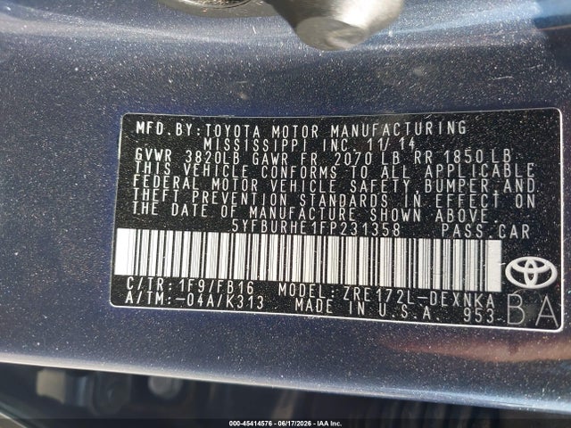 Toyota COROLLA LE 2015 5YFBURHE1FP231358 Image 9
