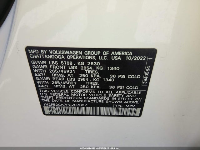 2023 Volkswagen Atlas Cross Sport 3.6l V6 Sel Premium R-line მანქანა იყიდება აუქციონზე, vin: 1V2FE2CA7PC207827, აუქციონის ნომერი: 45414598