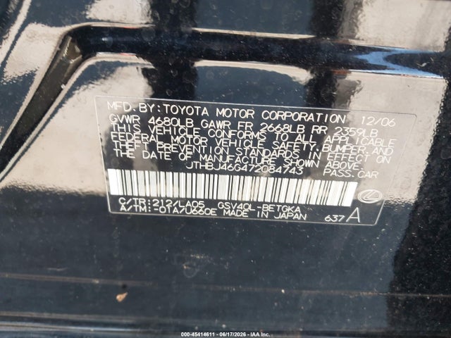 Aukcja sprzedaży 2007 Lexus Es 350, vin: JTHBJ46G472084743, numer aukcji: 45414611