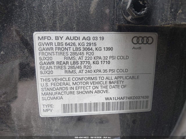 Aukcja sprzedaży 2019 Audi Q7 45 Premium, vin: WA1LHAF74KD037638, numer aukcji: 45414622