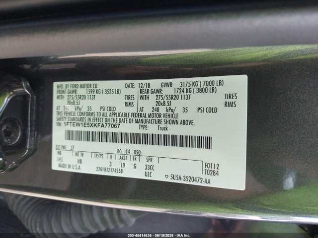 Aukcja sprzedaży 2019 Ford F-150 King Ranch/lariat/platinum/xl/xlt, vin: 1FTEW1E5XKFA77067, numer aukcji: 45414636