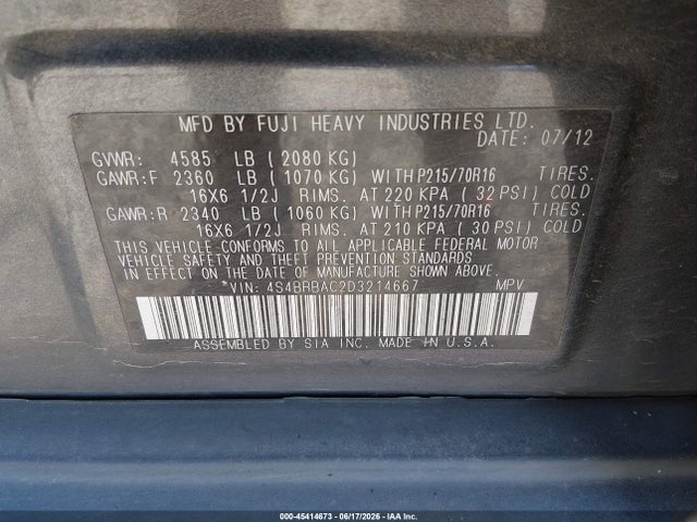 Продажа на аукционе авто 2013 Subaru Outback 2.5i, vin: 4S4BRBAC2D3214667, номер лота: 45414673