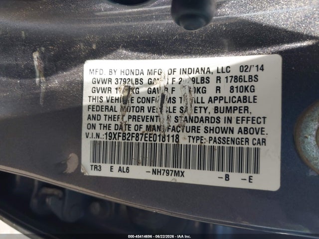 Honda CIVIC EX 2014 19XFB2F87EE018118 Image 9