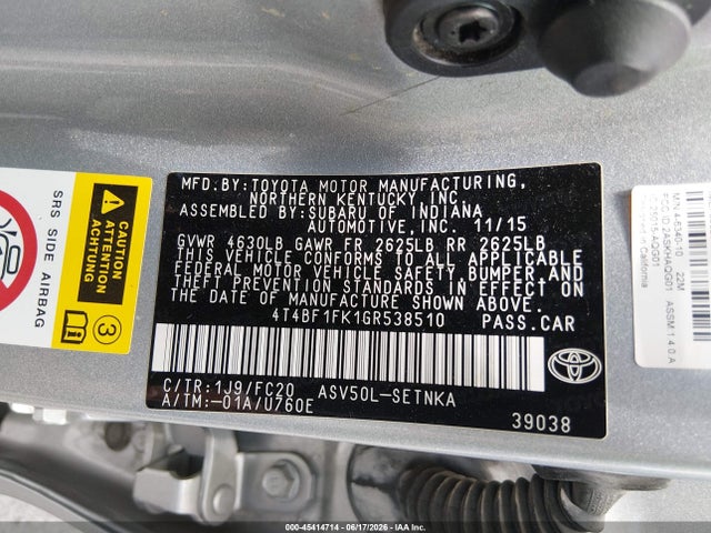 2016 Toyota Camry Le მანქანა იყიდება აუქციონზე, vin: 4T4BF1FK1GR538510, აუქციონის ნომერი: 45414714