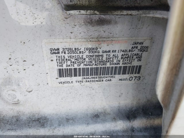 Auction sale of the 2006 Mitsubishi Lancer Oz Rally, vin: JA3AJ86E56U047351, lot number: 45414746