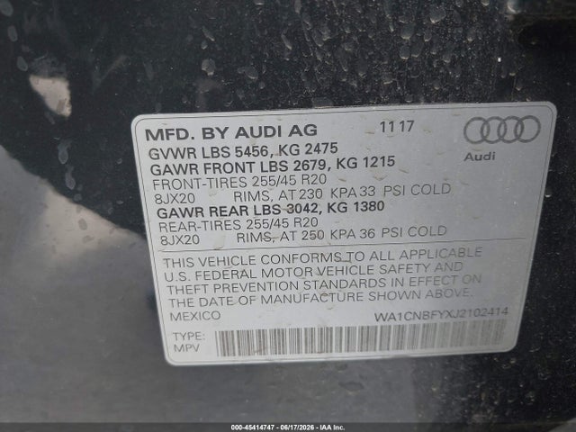 Aukcja sprzedaży 2018 Audi Q5 2.0t Premium/2.0t Tech Premium, vin: WA1CNBFYXJ2102414, numer aukcji: 45414747