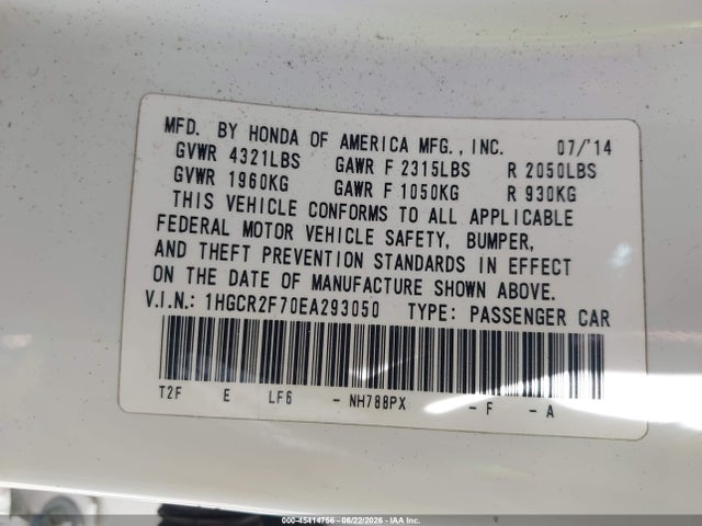 Honda ACCORD EX 2014 1HGCR2F70EA293050 Image 9