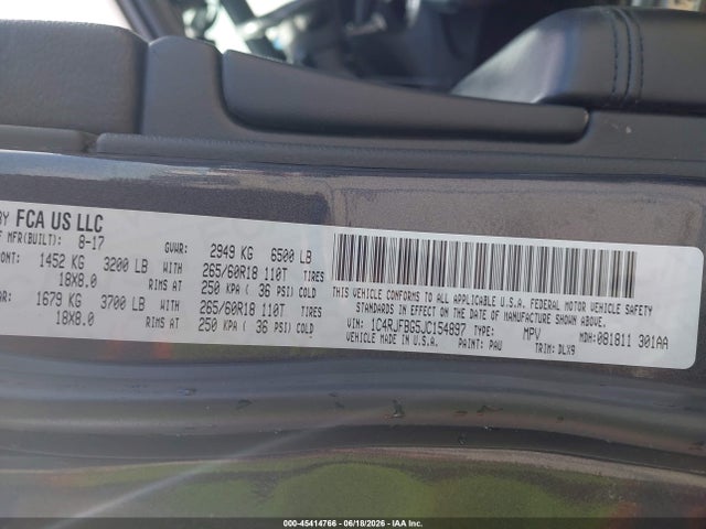 45414766 :رقم المزاد ، 1C4RJFBG5JC154897 vin ، 2018 Jeep Grand Cherokee Limited 4x4 مزاد بيع