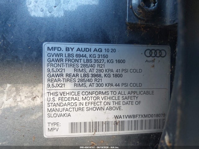 45414781 :رقم المزاد ، WA1VWBF7XMD018079 vin ، 2021 Audi Sq7 Prestige Tfsi Quattro Tiptronic مزاد بيع