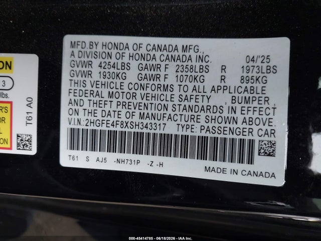 2HGFE4F8XSH343317 Honda Civic Hybrid Sport/sport Touring