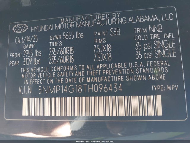 Продажа на аукционе авто 2026 Hyundai Santa Fe Hybrid Se, vin: 5NMP14G18TH096434, номер лота: 45414801