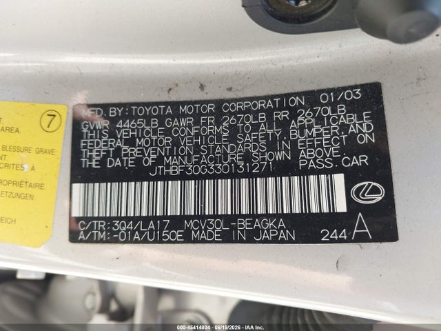 Aukcja sprzedaży 2003 Lexus Es 300, vin: JTHBF30G330131271, numer aukcji: 45414804
