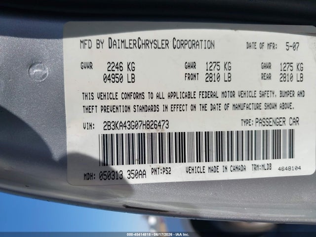 Aukcja sprzedaży 2007 Dodge Charger, vin: 2B3KA43G07H826473, numer aukcji: 45414818