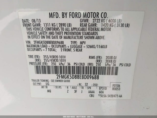 2014 Ford Flex Limited მანქანა იყიდება აუქციონზე, vin: 2FMGK5D88EBD09688, აუქციონის ნომერი: 45414835