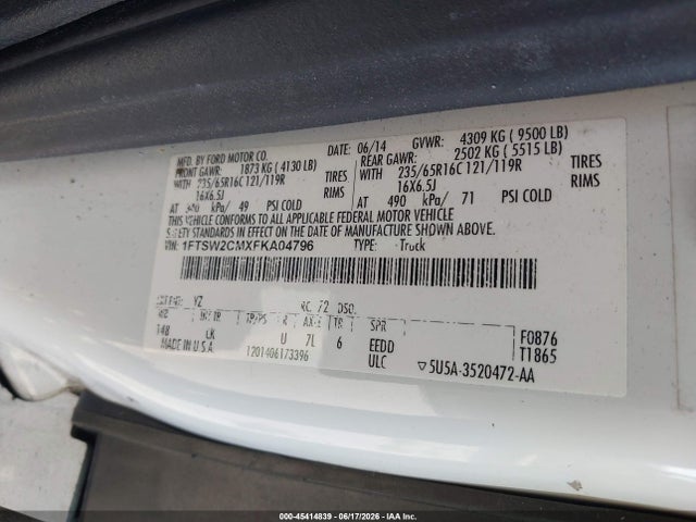 Aukcja sprzedaży 2015 Ford Transit-350, vin: 1FTSW2CMXFKA04796, numer aukcji: 45414839