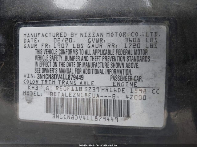 Nissan Versa S Xtronic Cvt 2020 3N1CN8DV4LL879449 Image 9