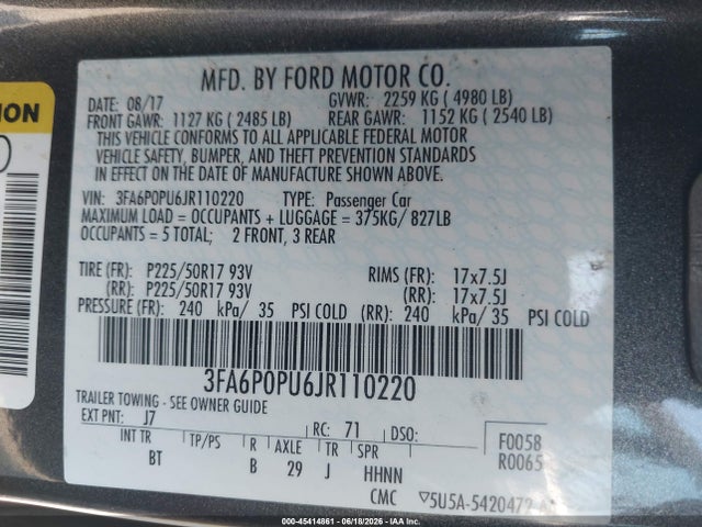 45414861 :رقم المزاد ، 3FA6P0PU6JR110220 vin ، 2018 Ford Fusion Energi Se Luxury مزاد بيع
