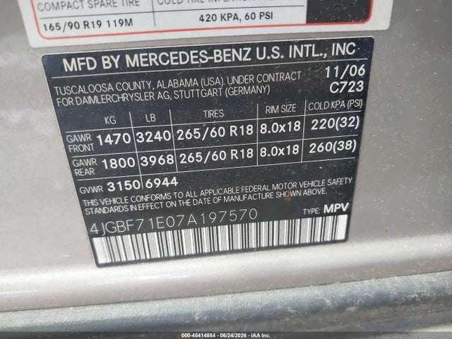 45414884 :رقم المزاد ، 4JGBF71E07A197570 vin ، 2007 Mercedes-benz Gl 450 4matic مزاد بيع