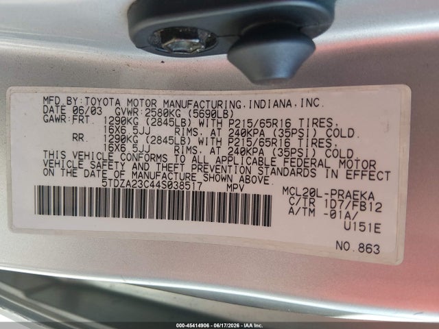 Aukcja sprzedaży 2004 Toyota Sienna Le, vin: 5TDZA23C44S038517, numer aukcji: 45414906