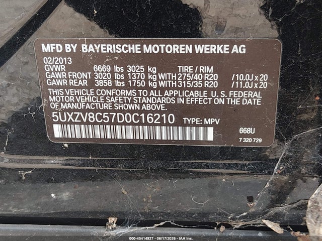 Aukcja sprzedaży 2013 Bmw X5 Xdrive50i, vin: 5UXZV8C57D0C16210, numer aukcji: 45414927