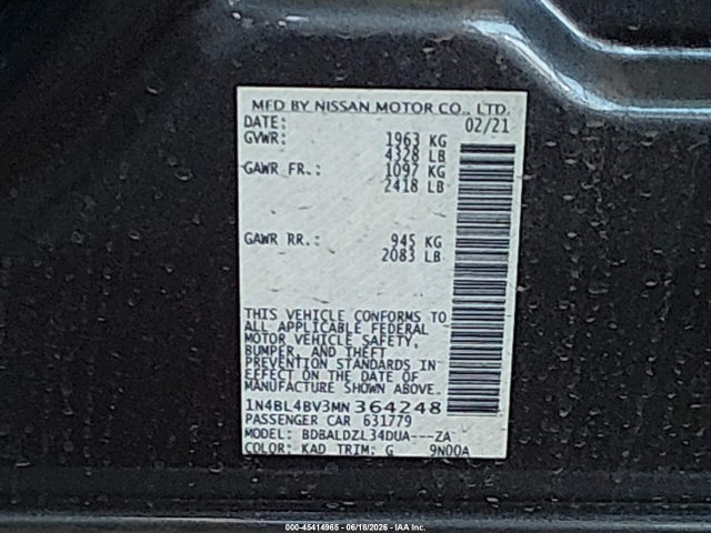 Продажа на аукционе авто 2021 Nissan Altima S Fwd, vin: 1N4BL4BV3MN364248, номер лота: 45414965