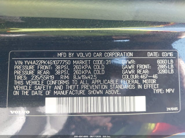 Aukcja sprzedaży 2016 Volvo Xc90 T6 Momentum, vin: YV4A22PK4G1077750, numer aukcji: 45414985