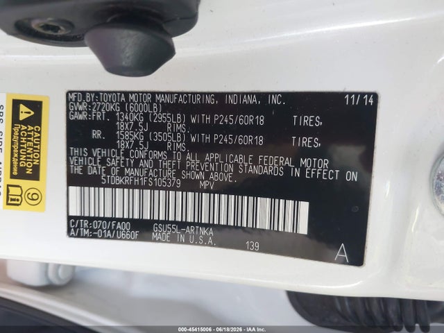 Toyota Highlander Le Plus V6 2015 5TDBKRFH1FS105379 Image 9